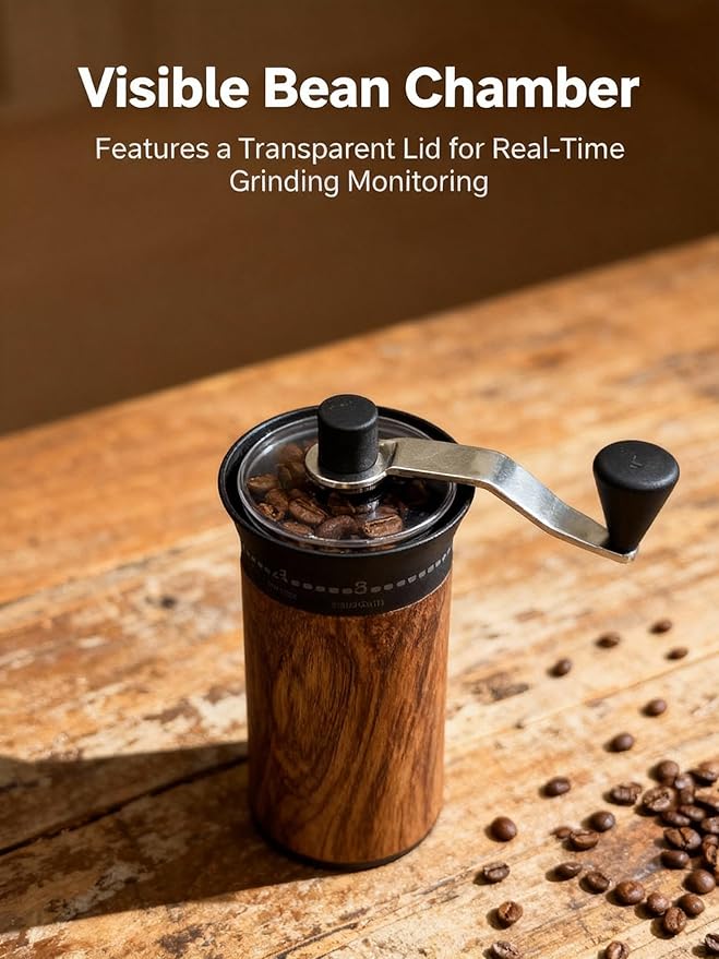 LAMIDO Mini Manual Coffee Grinder, 56 External Adjustable Settings, 30g Capacity, Portable Ceramic Conical Burr Mill with Crank, Single Dose Hand Grinder for Camping, Travel - Wood Grain
