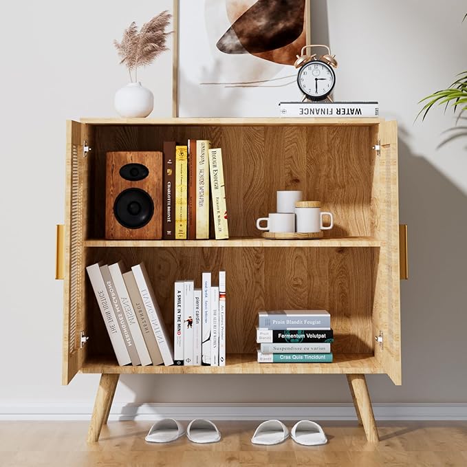 Modern Rattan Storage Cabinet with Doors, Wood Sideboard Buffet Cabinet for Living Room, Entryway, Dining Room (2-Door)