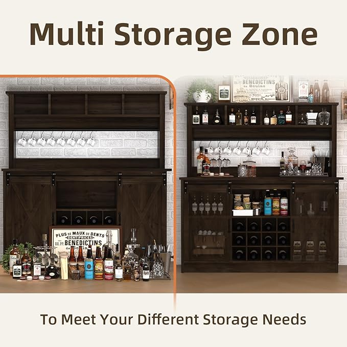 4ever2buy Farmhouse Coffee Bar Cabinet with Storage Hutch, 55“ Wine Bar with 12 Wine Racks and 8 Hooks, Coffee Station with 4 Open Shelves and Sliding Barn Doors for Kitchen, Dining Room, Dark Oak