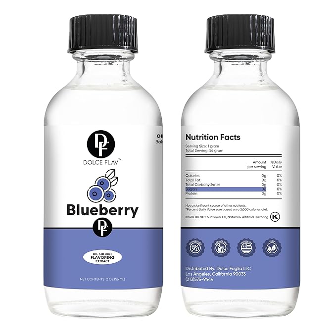 Dolce Flav Blueberry Extract – 2 Ounce Oil-Soluble Kosher, Sugar-Free, Concentrated Ripe Blueberry Flavoring for Baking, Chocolates & Desserts, Includes Measured Dropper, Pack of 2