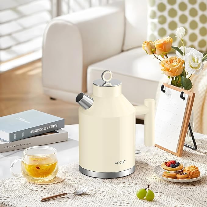ASCOT Electric Kettle, Electric Tea Kettle 1.6L 1500W Retro Tea Heater & Boiling Water, Auto Shut-Off and Boil-Dry Protection (Cream)