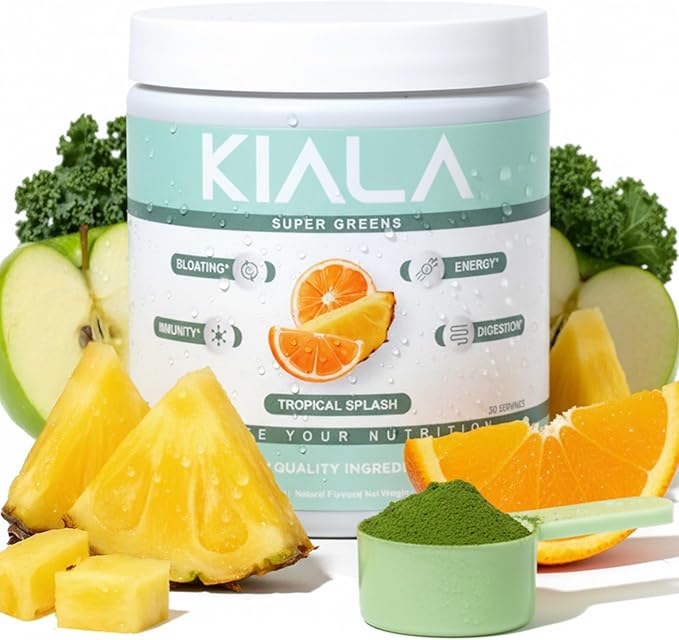 Kiala Nutrition Super Greens, Organic Greens Powder with Spirulina & Chlorella for Digestion, Gut Health, Immunity, Energy, Gluten Free, Vegan, Sugar Free, Spectra Blend, Tropical Splash, 30 Servings