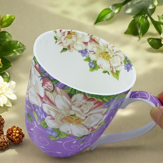 14oz Bone China Coffee Mug Floral Bone Mug Cute Coffee Mugs Teacup for Women Mom Friend (Romantic Purple)