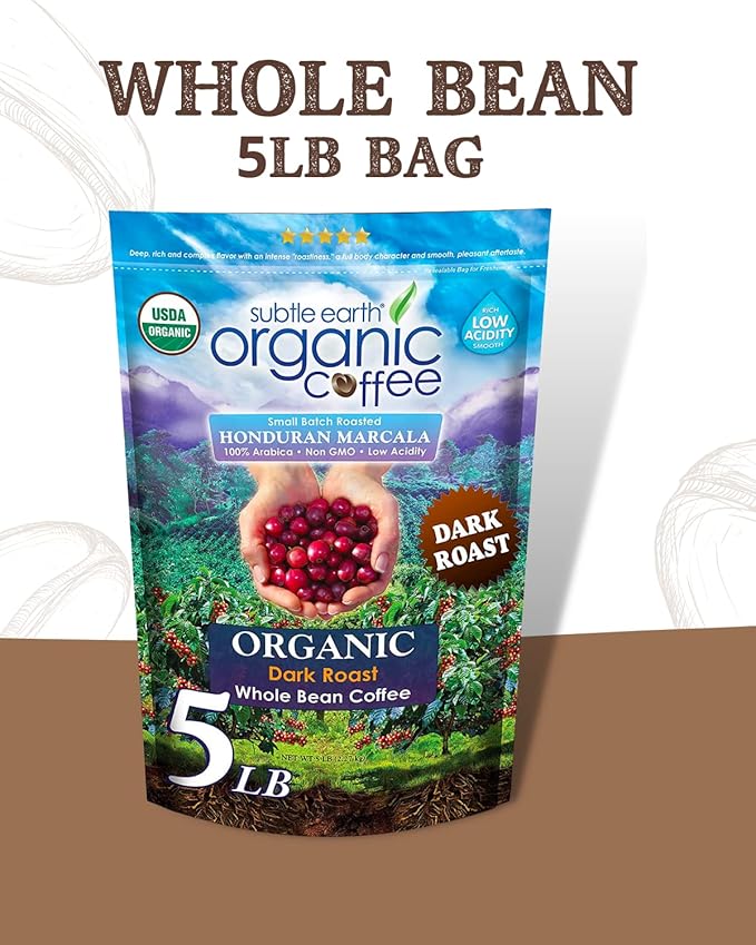 Subtle Earth Organic Coffee - Dark Roast - Whole Bean Coffee - 100% Arabica Beans - Low Acidity and Non-GMO - 5lb bag