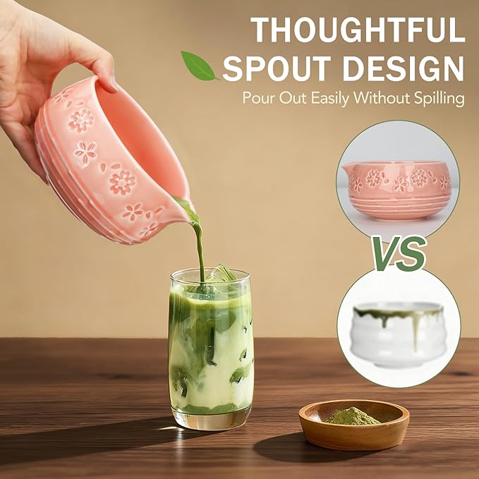 Matcha Whisk Set, Ceramic Bowl with Spout, Bamboo Matcha Whisk & Spoon, Chasen Holder, Scoop Rest, Sifter, 8-Pcs Japanese Ceremony Matcha Powder Kit–Christmas Gift for Women-Pink