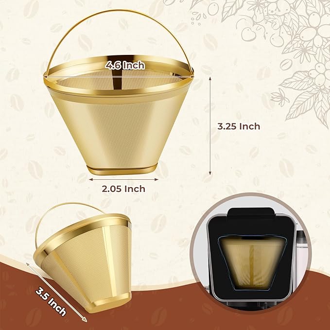 Gold Stainless Steel Coffee Filter - Reusable Ninja Filter, Cuisinart Replacement | Fits Ninja Dual Brew Pro, Cuisinart DCC-3400 & #4 Cone Makers (2-Pack)