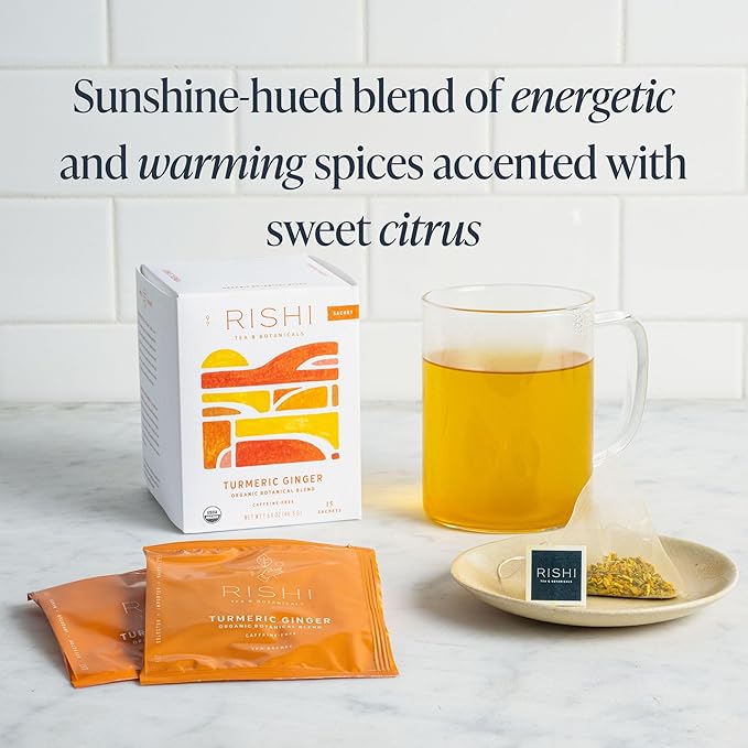 Rishi Tea Turmeric Ginger Herbal Tea - Organic Sachet Bags, Caffeine Free Blend with Spicy Ginger & Citrus, Hot or Iced - 15 Count (Pack of 1)
