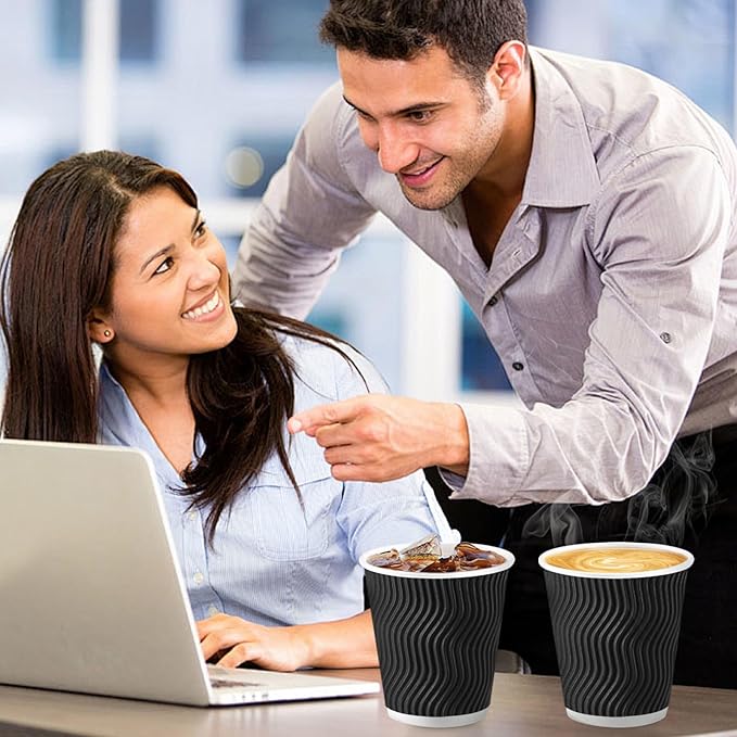 Lamosi Disposable Coffee Cups 10 OZ 100 Pack, Paper Coffee Cups 10 OZ for Hot Drinks or Cold Beverages, Insulated Corrugated Ripple Wall Cup No Lids for Office, Cafe, Home or Travel (Black)