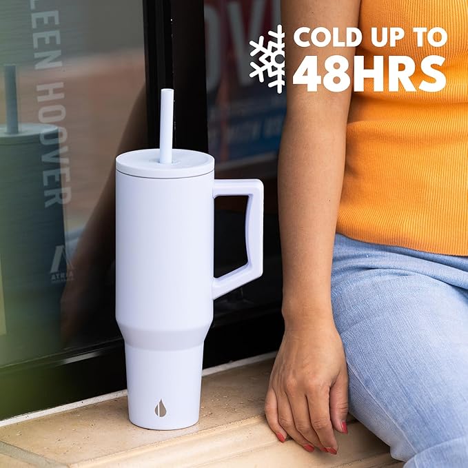 Elemental 40 oz Tumbler with Handle and Straw - Spill Proof Insulated Stainless Steel Commuter for Hot and Cold Beverages - Travel Coffee Mug with 2 Straws & Spill Proof Lid - 40oz - Ice Blue