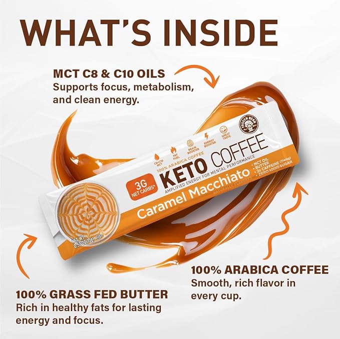 The Frozen Bean - Caramel Macchiato Keto Instant Coffee Mix with Low Sugar, MCT Oils, Skinny Coffee Weight Loss, Improves Focus and Energy, Increase Metabolism for Women Belly Fat - 20 Single Sticks