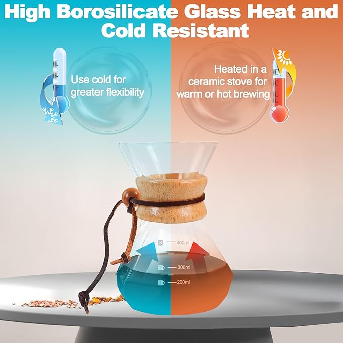 Pour Over Coffee Pot Set 400ml 13.5oz Features 304 Stainless Steel Filter Glass Coffee Pot with High Borosilicate Glass Duckbill Spout Design Solid Wood Handle Pour Over Coffee Daily Brewing