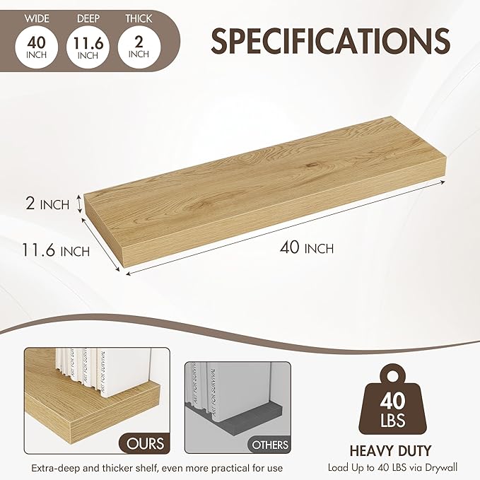 40 Inch Floating Shelves, 12" Deep Floating Shelf Wall Mounted, 40" Wall Shelves, Rustic Deep Bookshelf, Extra Deeper & Thicker Display Shelves for Bedroom, Living Room, Oak, Set of 2