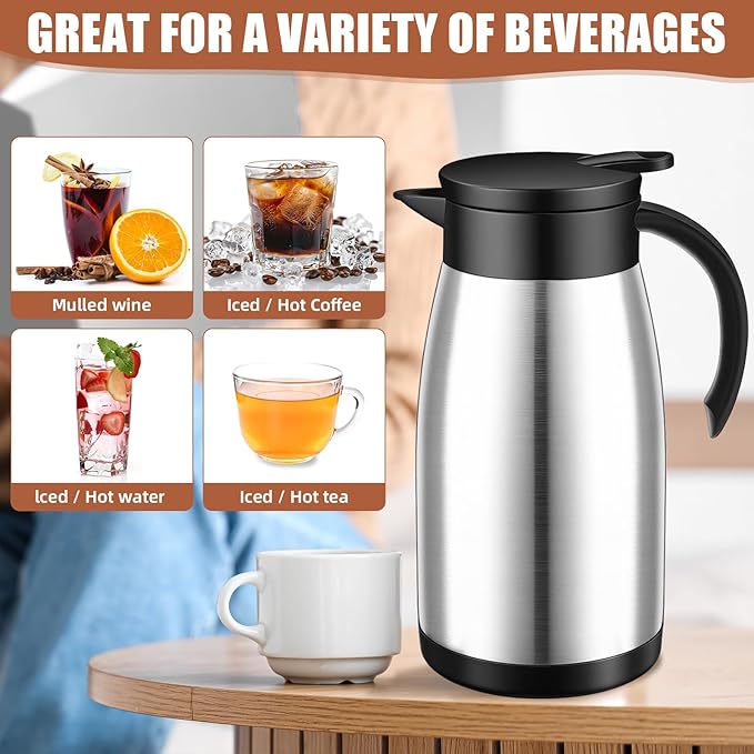Uiifan 2 Pcs 34 Oz Thermal Coffee Carafe Stainless Steel Insulated Vacuum Coffee Carafes Double Walled Vacuum Thermal Pot Flask with Brushes for Keeping Cold Hot Tea Water Milk Home Office (Silver)