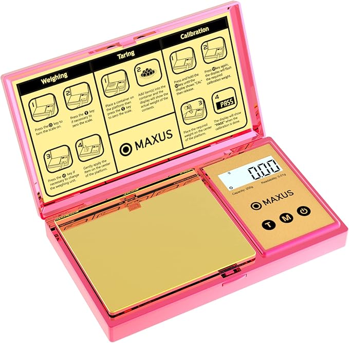 MAXUS Digital Gram Scale with 200g x 0.01g Capacity, Stylish Pink Plated Shining Cover and Platform, Mini Pocket Scale for Food and Jewelry