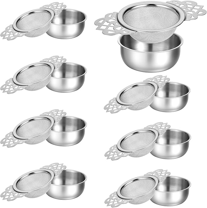 8 Pcs Mesh Tea Filter Strainers, 304 Stainless Steel Loose Tea Infuser Strainer with Petal Handles and Drip Bowl for Juice Coffee Filter, Sliver, 2.5 Inch