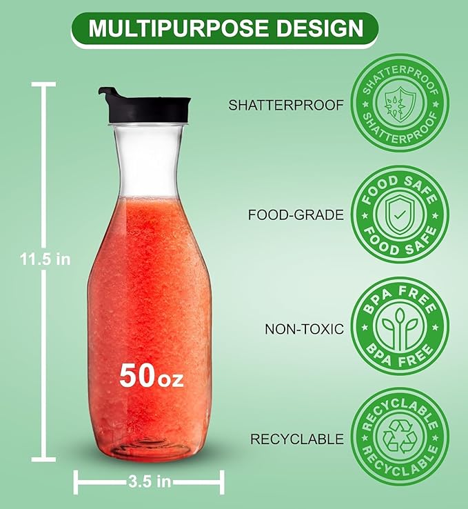 Party Bargains 50 oz. Plastic Carafe with Lids - Clear, 3 Count, Black Flip Tab Lid Premium Quality & Heavy Duty Plastic Pitcher for Iced Tea, Powdered Juice, Cold Beverages, Mimosa Bar