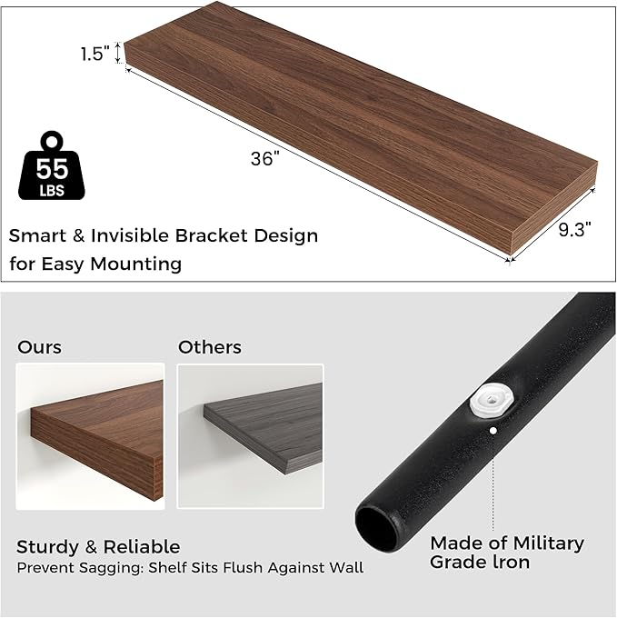 Floating Shelves for Wall, Engineered Wood Wall Shelves with Invisible Brackets for Living Room Bedroom Bathroom Office Kitchen Decor and Storage (Walnut, 36" W x 9" D x 1.5" H) Set of 2