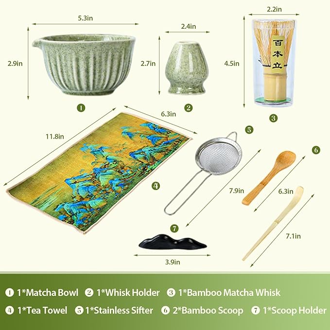 Matcha Whisk Set, 8 Pcs Matcha Kit Includes Matcha Bowl with Spout, Bamboo Whisk, Ceramic Holder, Bamboo Scoop x2, Scoop Rest, Stainless Sifter and Tea Towel, Gift for Matcha Lover