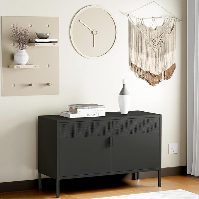 Metal Storage Cabinet with Doors,Black Accent Cabinet,Metal Locker Storage Cabinets,2 Door TV Media Stand with Removable Shelves for,Home,Office,Entryway,Living Room
