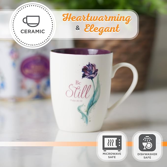 Christian Art Gifts Encouraging Scripture Ceramic Coffee & Tea Mug for Women: Be Still & Know Inspirational Psalm Bible Verse, Microwave & Dishwasher Safe, Novelty Cup, White & Purple Floral, 12 oz.