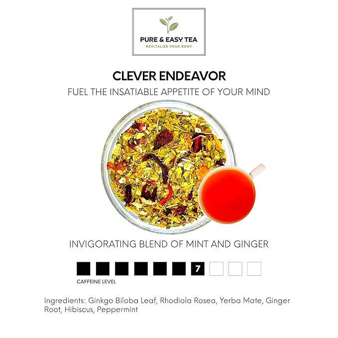 Pure And Easy Tea, EnduraBoost, Clever Endeavor & Glass Brewing Mug, Performance Tea Bundle, Caffeinated, 100% Natural Premium Loose Leaf Tea Blends, 200g/7.1oz