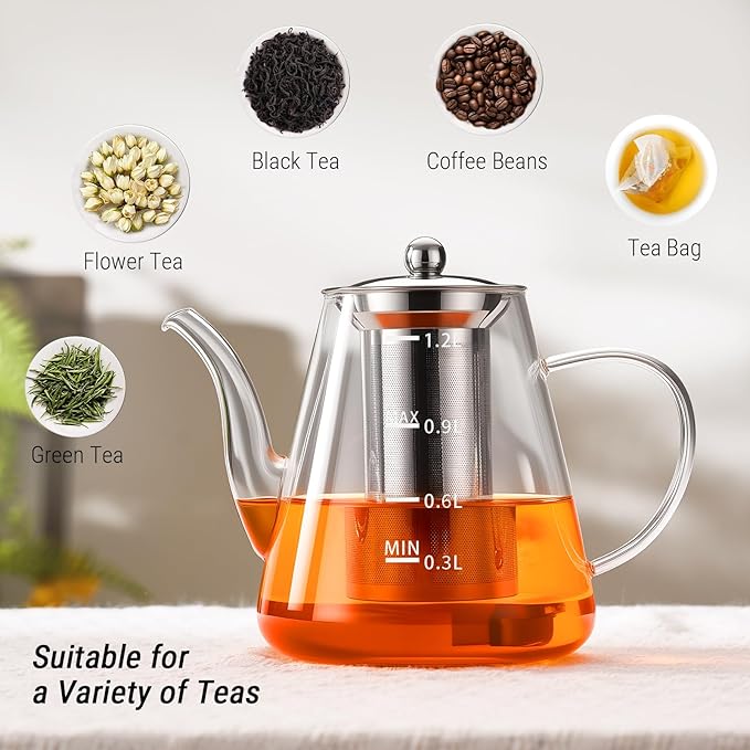 PARACITY Glass Teapot Stovetop 41 OZ/1200ml, Tea pot with Removable Stainless Steel Infuser, Borosilicate Clear Tea Kettle with Scale, Teapot Blooming and Loose Leaf Tea Maker Tea Brewer for Camping