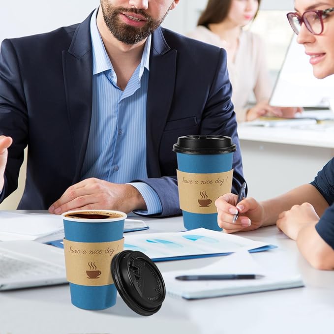 100 Pack 12 oz Coffee Cups with Lids, Disposable To Go Paper Coffee Cups with Sleeves and Stirring Sticks for Hot/Cold Drinks Office Home Shop Event (Navy)