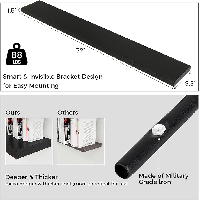 Floating Shelves for Wall, Engineered Wood Wall Shelves with Invisible Brackets for Living Room Bedroom Bathroom Office Kitchen Decor and Storage (Black, 72" W x 9" D x 1.5" H) Set of 1