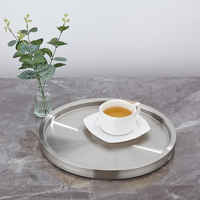 Stainless Steel Round Bar Serving Tray 12.5",Double Wall,Ideal Coffee Table, Decorative,Rotisserie Plate, Tea and Bar Serving,Silver