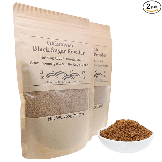 Chura Kokuto Okinawan Black Sugar (Brown Sugar) Powder, 200g (7.05 oz) (2 Pack) - Unrefined and Additive-Free Sweetener for Coffee, Tea, Baking, and Oatmeal - Everyday Use and Family Sharing