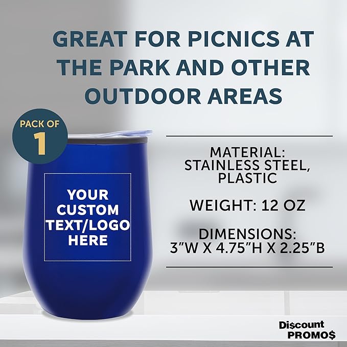 DISCOUNT PROMOS Custom Stemless Wine Tumblers 12 oz. Set of 1, Personalized Bulk Pack - Insulated, Perfect for Wine, Cocktails, Other Hot & Cold Beverages - Blue