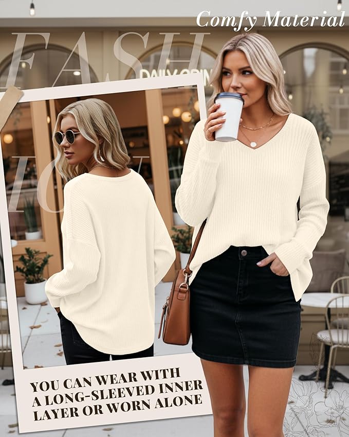 Women's V Neck Sweater Long Sleeve Knit Oversized Shirt Loose Lightweight Fall Casual Pullover Sweater Top