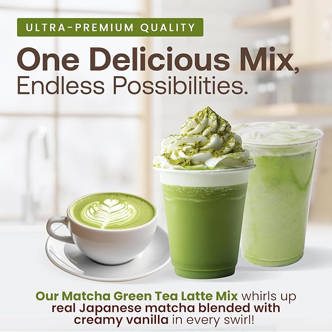 Dr. Smoothie Café Essentials Matcha Green Tea Latte – No Artificial Colors, Flavors, or Sweeteners – Shelf Stable – 51mg of Caffeine – Great for Hot, Iced, & Frozen Frappes (3.5 lb Bag, 30 Servings)