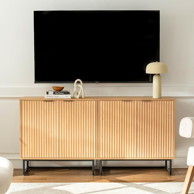 Fluted Storage Cabinet Sideboard Buffet Cabinet, Modern Accent Cabinets with Adjustable Shelves, Wooden Credenza, Console Table Entryway Cabinets for Living Dining Room, Natural Oak