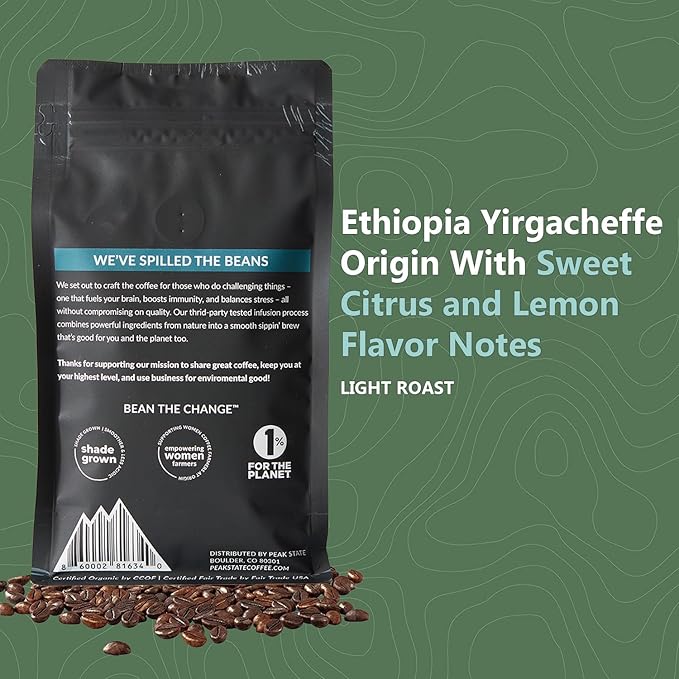 Peak State Coffee with Functional Mushrooms, Low Acid, Whole Bean (FOCUS, BOOST IMMUNITY, & DESTRESS) (Brain Sustain)