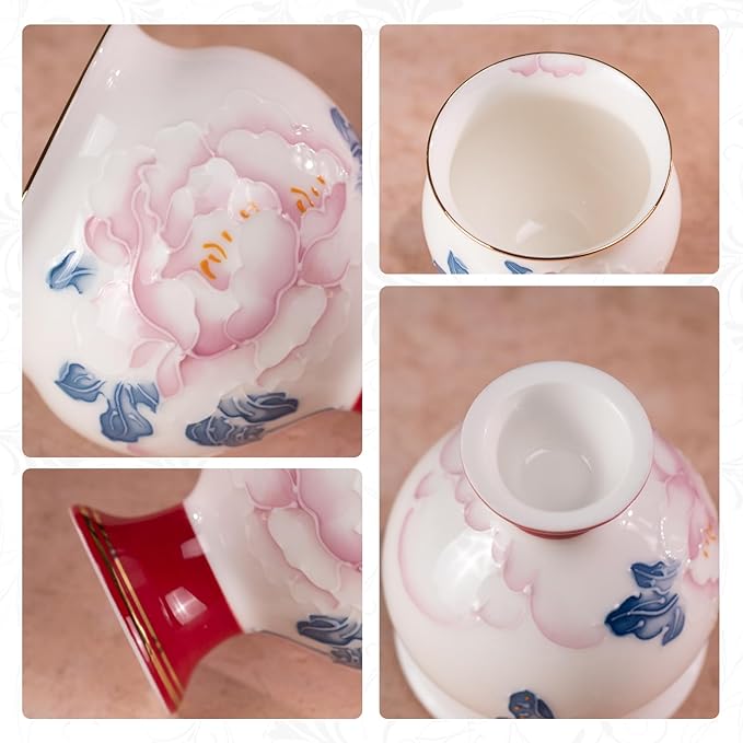KAMMAK Red Makeup and Youth - Big-bellied, high-footed Cup,Tea Cup 3.2oz Small Tea Cups Set of 2, Red Porcelain Tea Cup Set,Asian Ceramic Teacups for Home, Party, Office
