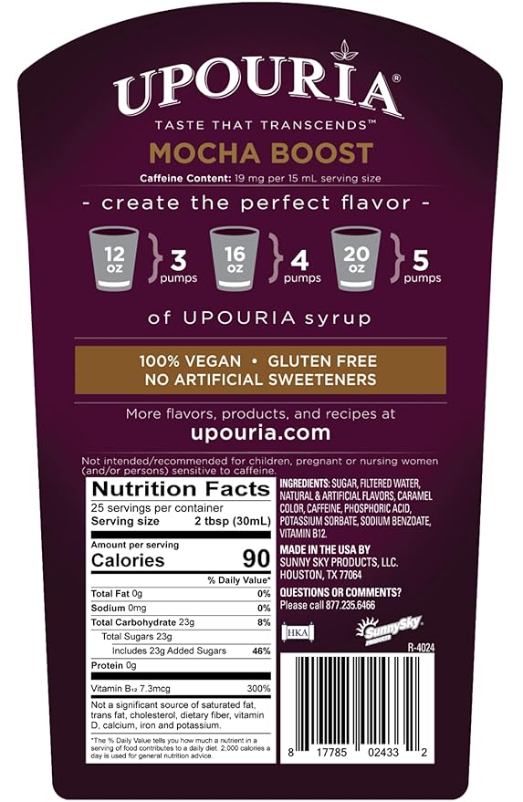 Upouria Mocha Boost Coffee Syrup Flavoring, 100% Vegan, Gluten-Free, Kosher, 750 mL Bottle - Coffee Syrup Pump Included