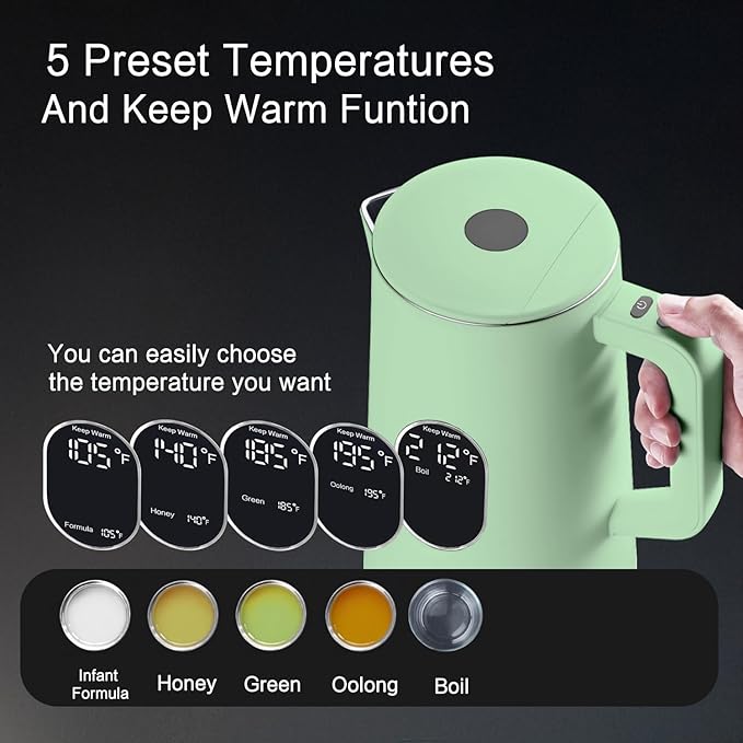 1.5L Electric Kettle Stainless Steel, Double Wall Cool Touch Teapot, Fast Boil,5 Temperature Control, LED Display, Auto Shut-Off,Keep Warm Function,Green