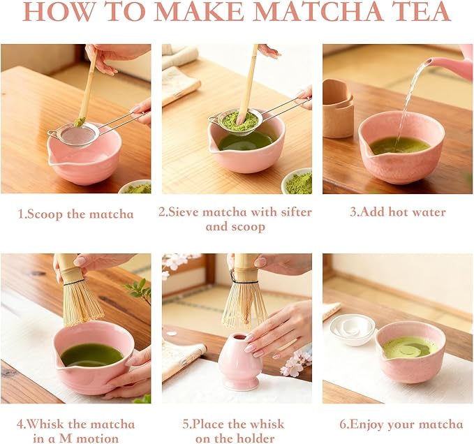 5Pcs Japanese Matcha Tea Set - Ceramic Bowl with Spout & Holder, Bamboo Whisk (Chasen), Scoop, Sifter - Complete Traditional Tea Ceremony Kit for Beginners, Gift for Tea Lovers(Pink)
