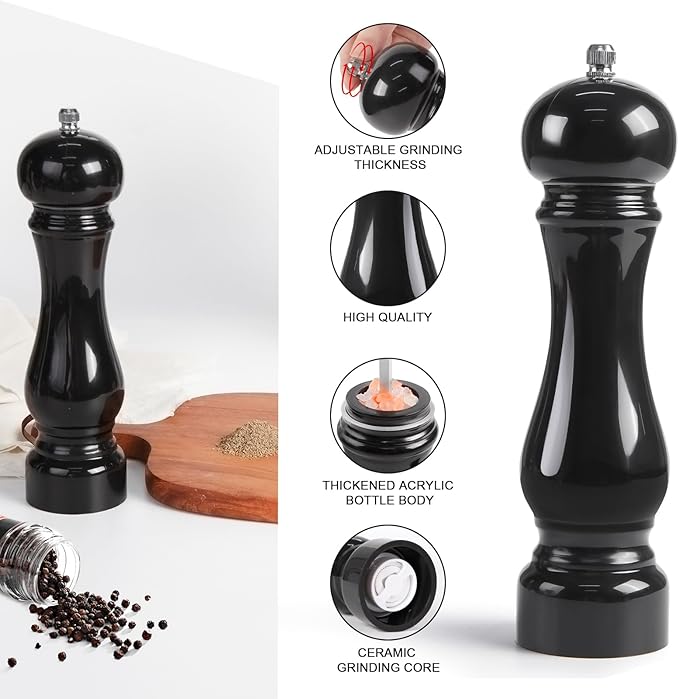 LHS Pepper Mill Grinder Salt Grinder, Arcylic Peppercorn Grinders with Adjustable Ceramic Grinding Core (8 Inch,Black)