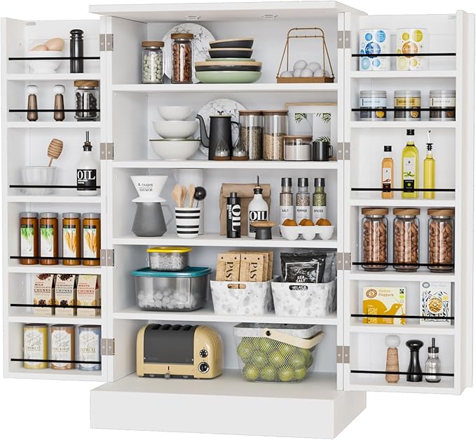 VINGLI Pantry Cabinet, 40.5" H Food Storage Freestanding Cupboard for Small Space in Dining Room, Living Room, White Kitchen Storage Cabinet with 2 Doors and Adjustable Shelves