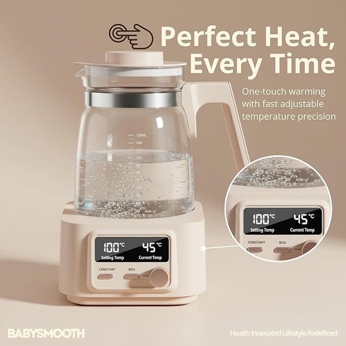 Babysmooth Smart Kettle Pro Electric Glass Kettle, 1.3L Capacity, Digital LED Display, Temperature Control 40-100°C, Auto Keep Warm Function, Silent Operation, Beige, for Tea and Coffee Brewing