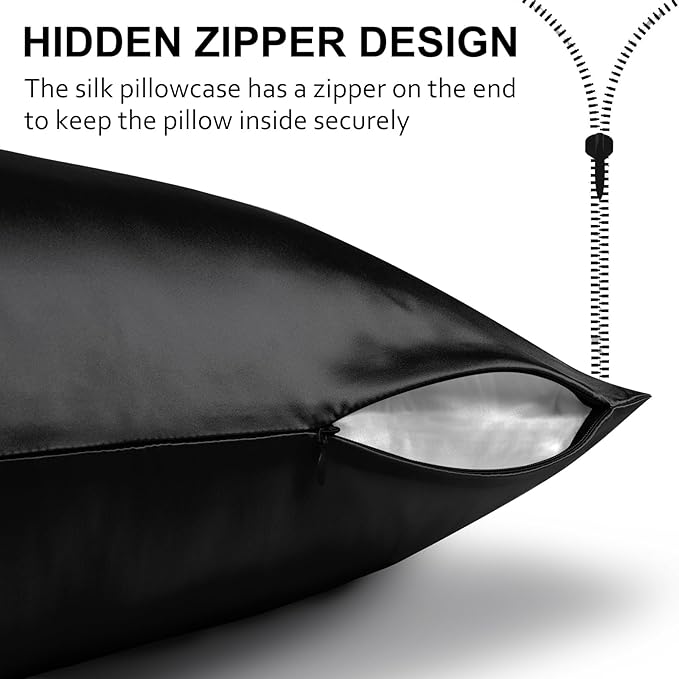 Ravmix Silk Pillowcases 2 Pack for Hair and Skin with Hidden Zipper, Both Sides 21Momme Mulberry Silk Pillow Cases Set of 2, Queen Size 20×30inches, Black