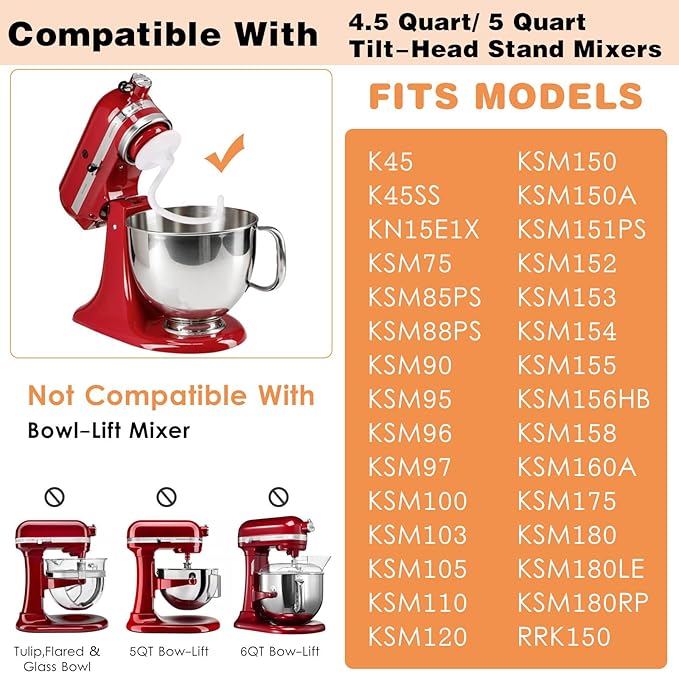 K45DH Coated Dough Hook for Kitchenaid Mixer, Accessories and Attachments for K45 K45SS KSM90 KSM150 Fits Kitchen Aid Tilt-Head Stand Mixer Bowls For 4.5-5 Quart Bowls