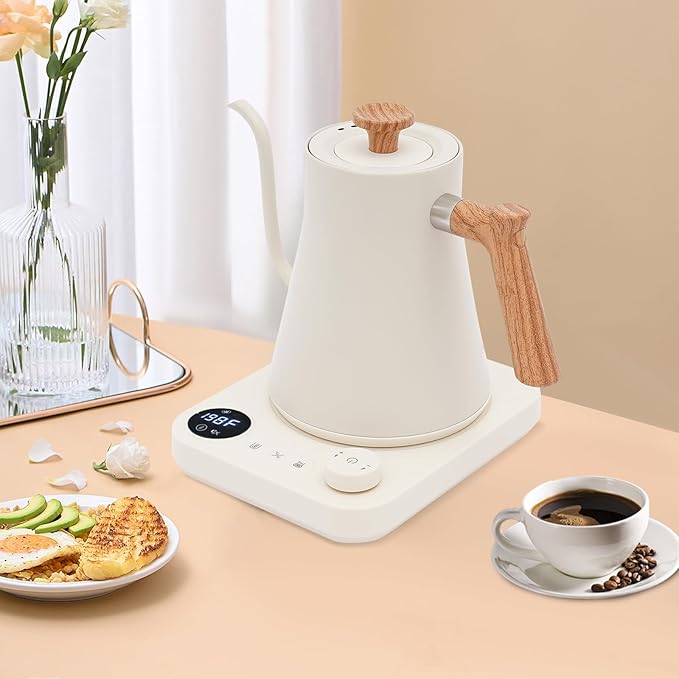 Gooseneck Electric Kettle, 1200W 0.9L/0.24Gal 304 Stainless Steel Electric Tea Kettle with LED Display Temperature Control Insulation Memory Function Water Boiler for Coffee Tea Milk (White)