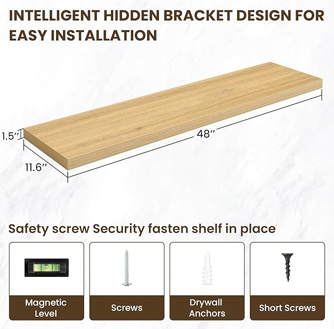 48 Inch Floating Shelves, 12 Inch Deep Floating Shelves for Wall, Large Floating Shelf with Invisible Brackets, Deep Shelves for Bathroom, Bedroom, Living Room, 1 Pack, Natural