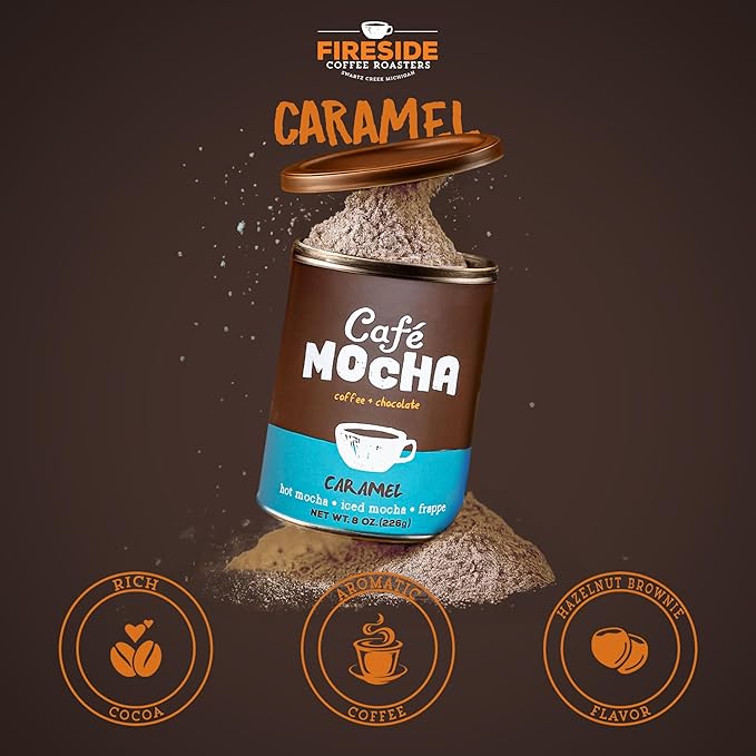 Fireside Coffee Caramel Cafe Mocha - Premium Instant Coffee Chocolate Blend - Versatile Caffeinated Drink Mix for Hot, Iced, Milkshake, and Mocha Frappe Mix, Only Add Water and Enjoy, 8 Ounces