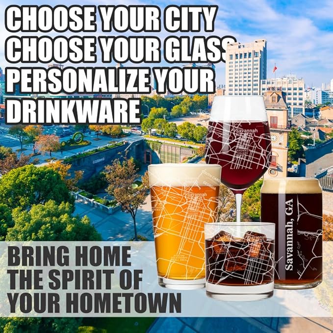 Blue Ridge Mountain Gifts - Savannah Souvenir - Georgia Glassware Gift, Etched City Map, Laser Engraved and Dishwasher Safe