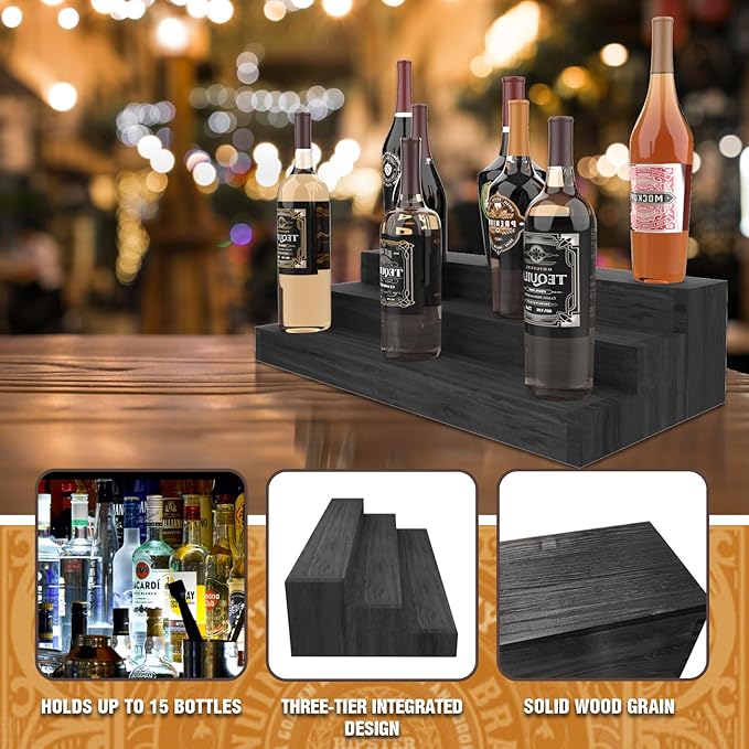 TONGMO Liquor Bottle Stand - 24 Inch 3 Tier Liquor Bar Bottle Display Shelf, Holds 18 Bottles, Real Wood, No Installation Required (Black)