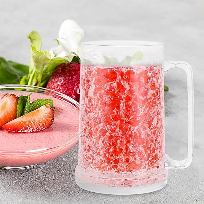 4 Pack Freezer Mugs for Beer 15oz, Double Wall Frozen Beer Mug, Freezer Cups for Drinks, Insulated Plastic Mugs with Handles